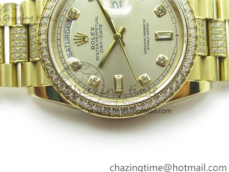 0212 DailyWear Day-Date 36mm 128235 YG Crystal BP Best Edition Silver Crystal Marker Dial on YG President Bracelet A 2676